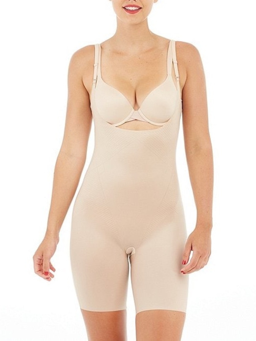 Spanx Shape Invisible Open Bust Mid Thigh Bodysuit Champagne Beige Size Small